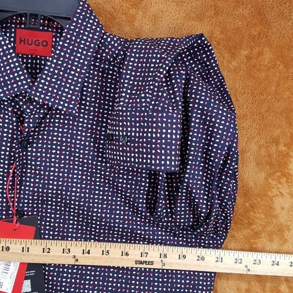 HUGO BOSS Shirt Mens 16.5 42 Navy Geo Dot Button Up Slim Fit KENNO $128 - Picture 8 of 10